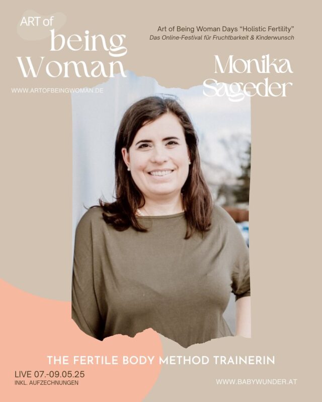Ich freue mich riesig, beim Online Festival „Fruchtbarkeit & Kinderwunsch“ von @art_of_being_woman_ dabei zu sein  Mein Beitrag:  „Fruchtbarkeit beginnt im Kopf. Wie du mit der Fertile Body Method deinen Kinderwunsch stärkst.“  Ich zeige dir, wie kraftvoll der Einfluss deiner Gedanken, Gefühle und inneren Bildern auf deine Fruchtbarkeit sein kann.  Die Fertile Body Method verbindet Hypnose und Mind-Body Techniken, um dich sanft raus aus dem Stress und rein in mehr Vertrauen, Hoffnung und Balance zu bringen.  Lass dich inspirieren, wie du deine Fruchtbarkeit ganzheitlich stärken kannst. ❤️  🗓️ Save the date und sei dabei! 👉 Link in meiner Story!  #kinderwunsch #fruchtbrkeit #fertilebodymethod #kinderwunschcoach #hypnose #ganzheitlichschwangerwerden #babywunder #kinderwunschreise #mindbodyconnection
